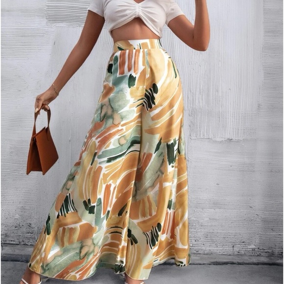 Boho High Waist Watercolor Brush Print Wide Leg Palazzo Pockets Pants - Picture 5 of 6